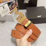 1:1  Montblanc Orange& Black Leather Belt with Gold Logo Buckle Steel Buckle  3.5cm